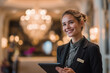 © EricMiguel - Smiling young female concierge in formal uniform holding a tablet in a luxury hotel lobby with warm ambient lighting