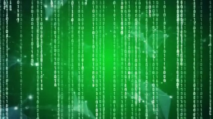 Dynamic digital stream of cascading binary code with abstract glowing network connections creates a futuristic technological backdrop for data processing and cybersecurity concepts