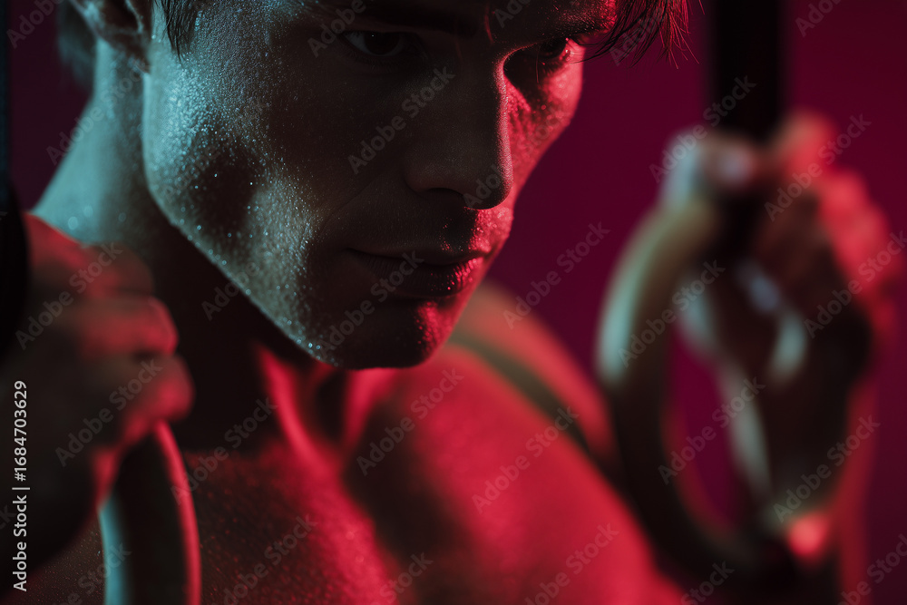 Intense close-up of a determined male athlete sweating under dramatic ...