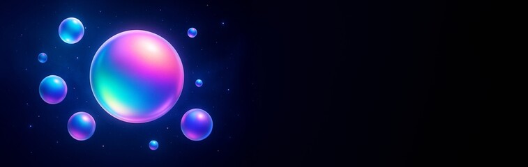 Wall Mural - Glowing neon soap bubbles on dark gradient background with empty copy space for design template, banner, advertising or promotional use. Ai generative