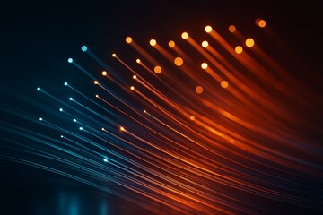 Wall Mural - abstract background of glowing fiber optic light strands in blue and orange colors representing digi
