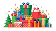 © laxmidesign - Vibrant pile of christmas gifts and decorated tree with festive ornaments and stars
