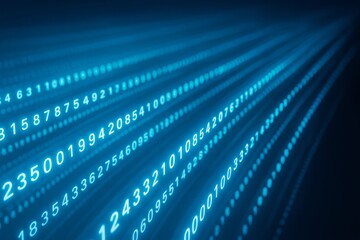 Wall Mural - abstract digital background with glowing blue numbers forming curved light trails against a dark bac