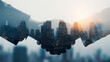 © Creative Vault - Double Exposure of Handshake with City Skyline at Sunset, Symbolizing Business Partnership, Cooperation, and Urban Development