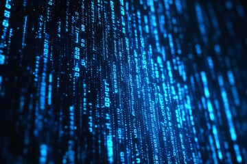 Vibrant graphical representation of flowing binary code sequences within an electrifying blue digital framework