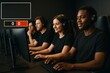 © Pixels Hunter - Team of focused gamers competing in esports tournament, wearing headsets and using desktop computers in dark room with scoreboard overlay concept. Ai generative