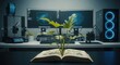 © logonv - Plant growing from open book on desk with computer and 3d printer. Concept of nature, education, technology, and sustainable innovation.