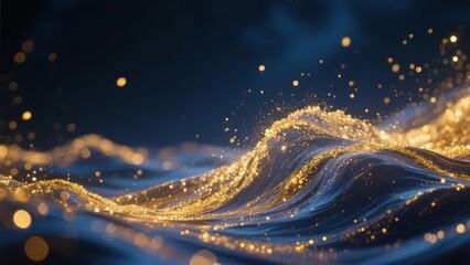 Wall Mural - Golden Sparkling Waves Flowing Over a Dark Background