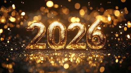Wall Mural - golden shiny happy new year 2026 lettering animation with sparkling effects, festive christmas celeb