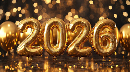 Wall Mural - golden foil balloons shaped as numbers 2026 on a festive bright background with bokeh lights, symbol