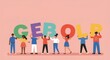 © Hungarian - Diverse group of people holding large, colorful letters to form the word 'GEBOLP'.