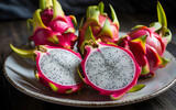 Vibrant plate of sliced dragon fruit pitaya exotic tropical fruit healthy refreshing food photography close up