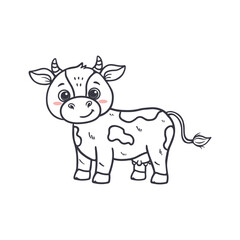 Wall Mural - Cute cartoon cow isolated on white background. Adorable farm animal in doodle style for children's coloring, worksheet, educational design and activity pages. Vector illustration
