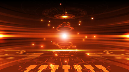Futuristic Digital Technology Background with Glowing Orange Light and Circuit Design