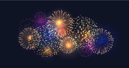 Bright fireworks explode in the night sky, festive fireworks, sparkling sparks of light lights. Perfect for New Year, holidays, parties and etc