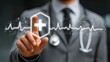© Ammar - Doctor interacting with futuristic digital health interface showing heartbeat waveform and medical cross symbol representing advanced healthcare technology