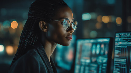 Young woman with glasses focused on computer screens displaying data and graphics in a dimly lit, modern workspace with blurred lights in the background