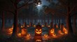 © Haider - Spooky Halloween night scene with illuminated jack-o'-lanterns in a dark, mysterious forest setting