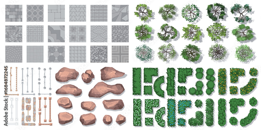 Top view of vector set for landscape design of park. Pavements ...