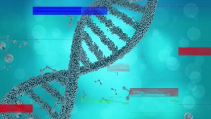 Wall Mural - animation of glitch and molecules over dna chain on blue background