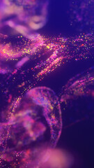 Poster - abstract colorful particles swirling in deep purple space, forming glowing flowing trails and soft j