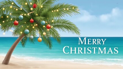 Wall Mural - christmas ball ornaments and string lights hanging on palm tree at tropical beach