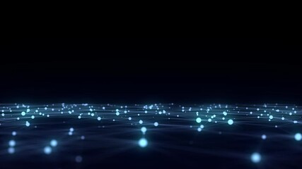 Wall Mural - Abstract technology wave of particles. Big data visualization. Dark background with motion dots and lines. Perspective blue grid. Digital space. Artificial intelligence. 3d rendering.
