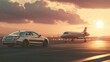 © Neon Stock - Ultra quality image of luxury car waits at the airport as a private jet taxis on the runway. The setting sun casts a warm glow, creating a scene of opulent travel.