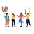 © Moe - Diverse group of happy people celebrating with balloons and confetti, ideal for illustrating joyful events, party invitations, or celebratory announcements