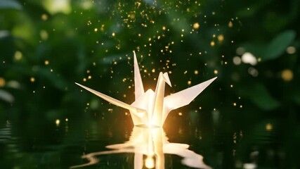 Origami swan floating on water with sparkling golden particles and lush green background