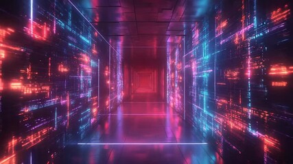 Neon futuristic corridor showing programming code flowing on digital walls