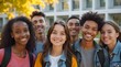 © Nataliya - Group of young people standing together in front of a building creating a lifestyle and social scene of unity friendship and human connection outdoors