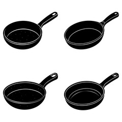 Four black and white illustrations of frying pans with handles arranged in a square pattern design