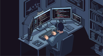 Night coder working multiple monitors desk setup developer programmer coding computer dark room illustration vector