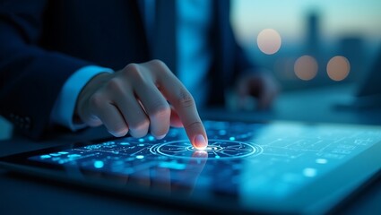 Close-up of a businessman's hand touching a glowing futuristic user interface on a tablet, symbolizing digital transformation and innovation