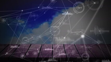 Wall Mural - animation of connections over wooden surface and clouds moving fast on blue sky