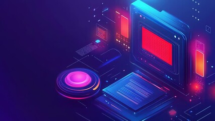 Futuristic neon user interface with glowing screens and buttons displaying data and information