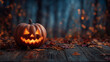 © Alexander - Halloween still life with carved glowing pumpkin on outdoor table, surrounded by dry autumn leaves and forest background. halloween still life, jack-o-lantern, glowing pumpkin, aut