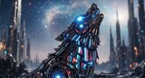 Futuristic robotic wolf howling in a cityscape with glowing blue accents