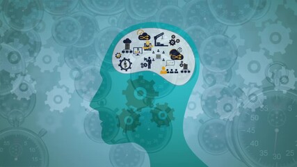 Wall Mural - animation of human head models with gears on green background with falling clocks