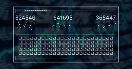 Wall Mural - Displaying white-framed UI updating numeric readouts on screen, with icon grid and algorithm data