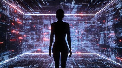 Woman walking into futuristic cyberspace showing programming code and data flow