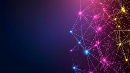 Wall Mural - the image features a network of interconnected glowing nodes in blue, pink, and yellow on the right 