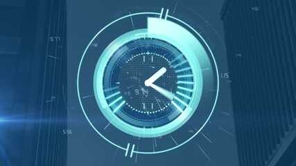 Wall Mural - animation of clock moving over numbers and cityscape