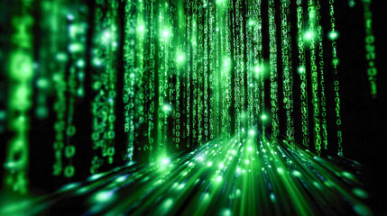 Green glowing binary code raining down on a dark background, symbolizing cyberspace and programming
