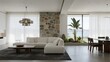 © luo - Modern living room with stone accent wall, large windows, and ocean view