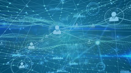 Wall Mural - animation of network of connections with people icons over 3d mesh