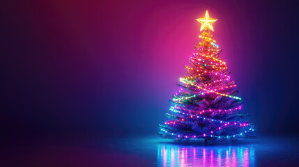 Wall Mural - futuristic neon christmas tree on glowing background with empty space for text or product display, p
