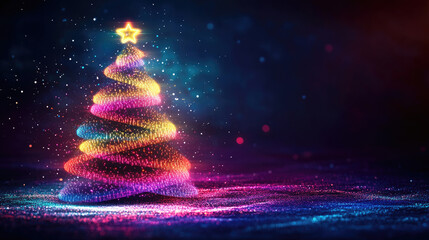 Wall Mural - futuristic neon christmas tree on glowing background with empty space for text or product display, p