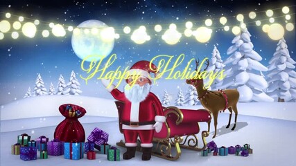 Wall Mural - animation of happy holidays, christmas lights and santa claus in night winter landscape